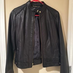 Never worn, leather fitted Cole Haan jacket with gold accessories